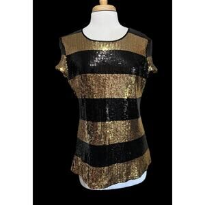 DStudio Women’s L Sequin Top Black Gold Shimmer Tunic Shirt Satin Lined Party